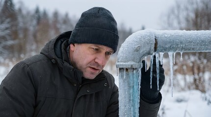 Man Inspecting Frozen Pipe in Winter Landscape for Plumbing and Maintenance Issues