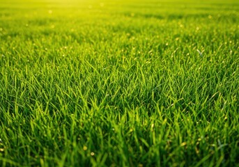 Fototapeta premium Lush, vibrant green grass bathed in warm sunlight on a bright summer day. The smooth texture creates an ideal natural background for various uses, detail, fresh, lush