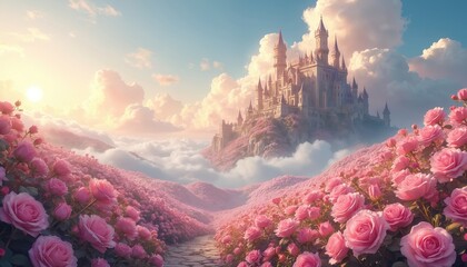 Fototapeta premium Fantasy castle sits on hill covered in pink roses and clouds below blue sky. Sun shines bright over scenic landscape with blooming flowers. Fairytale architecture rises above mist.