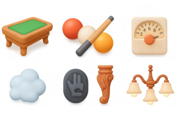 Carom billiards icon set with table, cues, balls, and scoreboard for game design