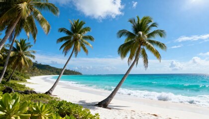 Sunny tropical beach landscape, turquoise ocean waves, white sand, palm trees gently leaning over the water, clear blue sky with soft clouds, vibrant colors, no people, no boats, natural untouched par