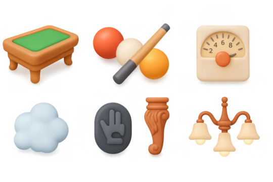 Carom billiards icon set with table, cues, balls, and scoreboard for game design