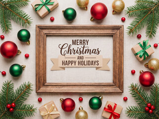 Top view on light beige background: Christmas ornaments and gifts, presents, for Merry Christmas and Happy Holidays greeting card, frame, banner. New Year. Winter xmas holiday festive theme.