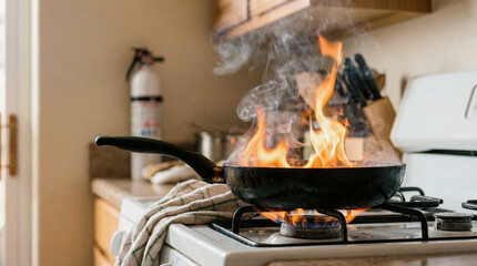 Kitchen fire danger. Hot pan on stove with flames and smoke in kitchen