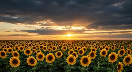 Obraz premium Majestic summer landscape featuring vibrant yellow sunflowers stretching across a vast field under a dramatic evening sunset sky ,sun ,yellow ,sunlight
