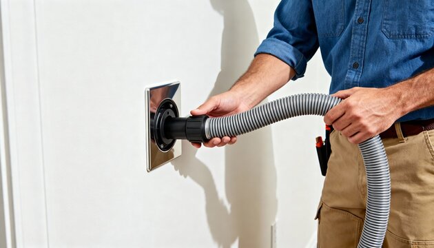 Contractor setting up retractable hose mechanism on central vacuum inlet demonstrating convenient hose storage and easy access for household cleaning
