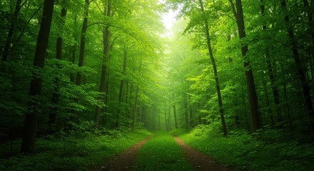 Fototapeta premium Peaceful, lush emerald forest scene representing deep tranquility and escape. Dreamlike green natural background texture suitable for fantasy, healing, plants, woods