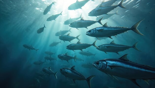 Large school of tuna fish swims in deep blue ocean. Sunlight rays penetrate water from above. Many marine animals move together, creating impressive underwater scene of wild sea life, aquatic nature.