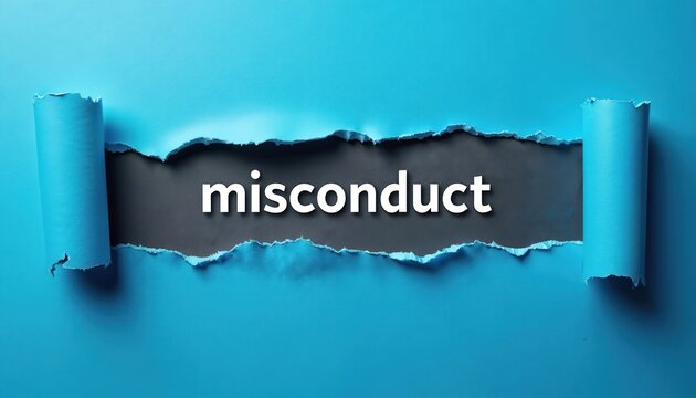 Blue torn paper banner shows gray hole with the word misconduct. Concept of unethical or illegal behavior. Copy space of ripped sheet suggests breaking rules. Symbol of bad behavior.