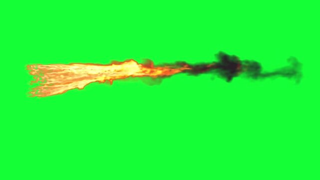 Powerful horizontal flamethrower burst on Green Screen

realistic stream of bright flames and smoke shooting forward, rendered on Green Screen with full green screen background.
