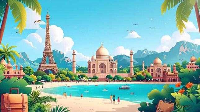 A vibrant vector illustration merges the Eiffel Tower and Taj Mahal with a beautiful tropical beach scene, featuring people, palm trees, mountains, and luggage, symbolizing international travel and...
