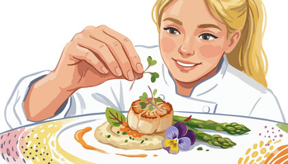 Chef's touch. Plating perfection. Culinary artistry professionalism. Fine dining detail presentation. Focused female chef expertly applying the final, delicate garnish to meticulously plated dish