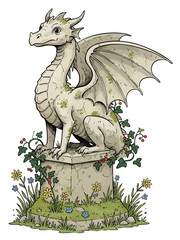 Guardian gargoyle. Aged dragon statue. Mossy garden dragon. Stone sentinel, fairy garden protector. Wyvern on plinth