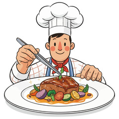 Cartoon chef plating. Mascot chef garnish. Steak presentation. Professional cook with tongs. Friendly fine dining. Friendly, smiling cartoon male chef meticulously plating gourmet meal. 