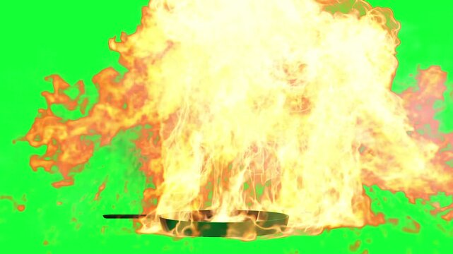 Green frying pan on fire with green screen background

realistic flames and smoke rising from a green frying pan, rendered on Green Screen with full green screen background.
