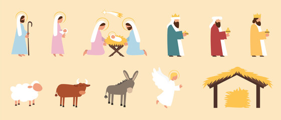 Fototapeta premium Nativity Scene Flat Clipart Set with Mary, Joseph, Baby Jesus, Three Wise Men, Shepherd, Angel, Animals and Manger — Christmas Christian Illustration Pack
