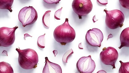 Whole and cut red onions arranged on a clean white background create a repeating pattern. This fresh vegetable illustration is perfect for culinary themes, food packaging, and kitchen designs.