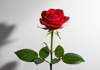 Fototapeta premium A beautiful vibrant single red rose with deep green stem and leaves, photographed in bright studio light against a clean white backdrop ,crimson ,beauty ,petals