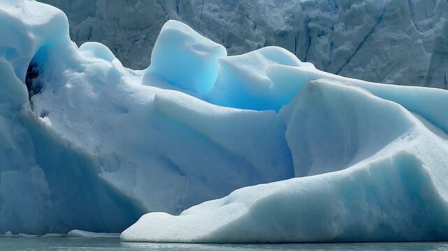A massive blue iceberg drifts across Lake Argentino in Patagonia, Argentina, near the Perito Moreno Glacier, showing calm water and ice texture.