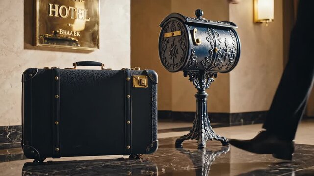 Luxury hotel travel concept suitcase pickup in elegant lobby business trip readiness