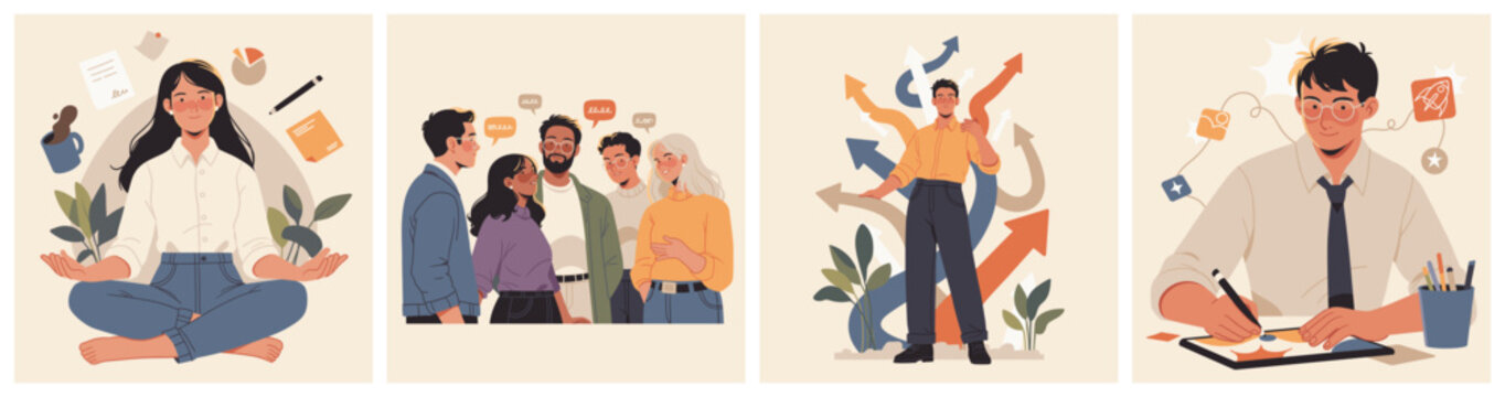 Illustration set showing meditation for productivity, a group engaged in conversation, a man choosing between multiple directions, and an artist designing on a tablet.