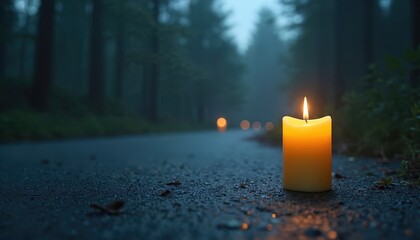 Candle flame glows in dark forest path. Single yellow candle gives light in night nature. Bright candlelight illuminates road in twilight. Serene light with blurry background brings hope, tranquility.