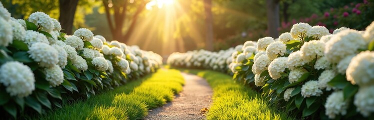 Sunlight streams through green trees onto winding garden path lined with blooming white hydrangeas. Lush grass borders walkway, creating tranquil and scenic park setting perfect for relaxation.