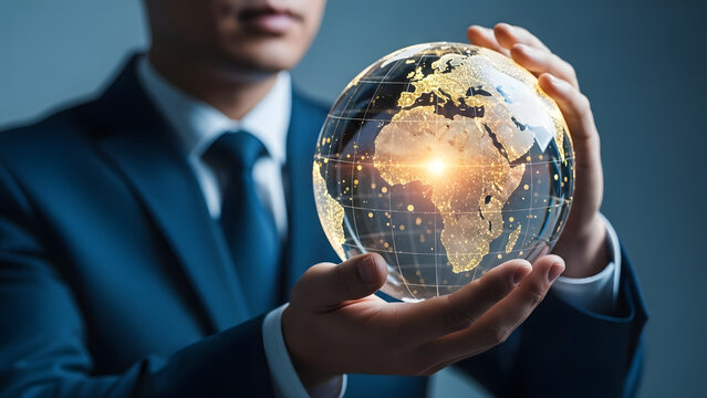 Global business leadership illustrated with executive holding glowing globe with global network concept representing