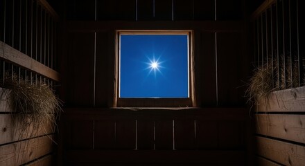brilliant star of bethlehem shines in night sky, viewed from rustic stable. christmas nativity concept. christian holiday. banner, website header, copyspace.