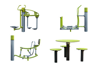 outdoor fitness equipment designed, table and stools isolated on white background