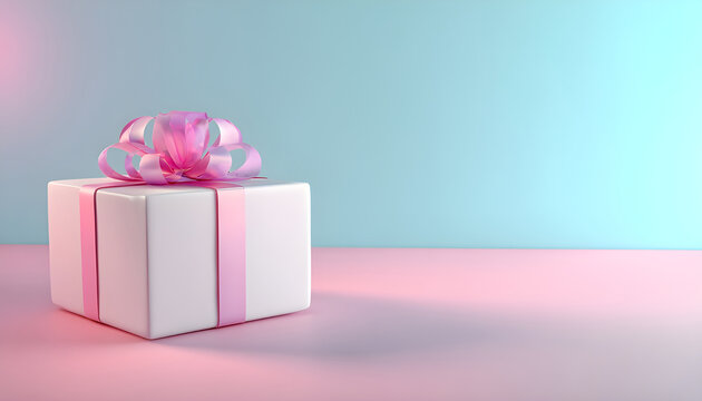 Birthday holiday celebration decoration. A 3D rendered scene with a white gift box and pink ribbon on a pink surface. The background is a gradient of pink and light blue - Powered by Adobe