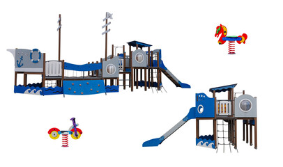 children playground with slide and rocking chair isolated on white background