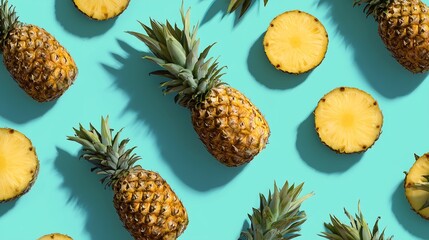 Vibrant pineapple halves on teal background for summer fun
