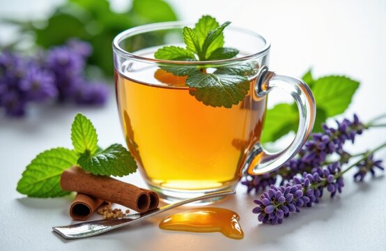 Cup of herbal tea with mint, cinnamon and lavender in a bright setting