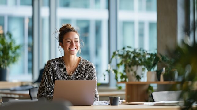 Confident professional woman smiling in modern workspace - Powered by Adobe