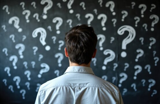 Man facing away amid a wall of question marks exploring uncertainty in business