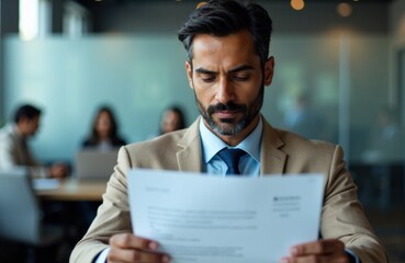 Man reading an important contract in a bright modern office setting during a busy day