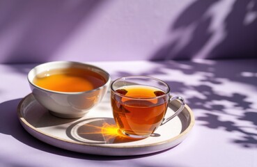 Cup of tea on a saucer with sunlight casting soft purple shadows across
