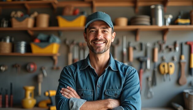 Man with crossed arms smiles in hardware shop. Shelves with tools and accessories are behind him. He wears a blue cap and shirt. Small business owner represents his workshop.