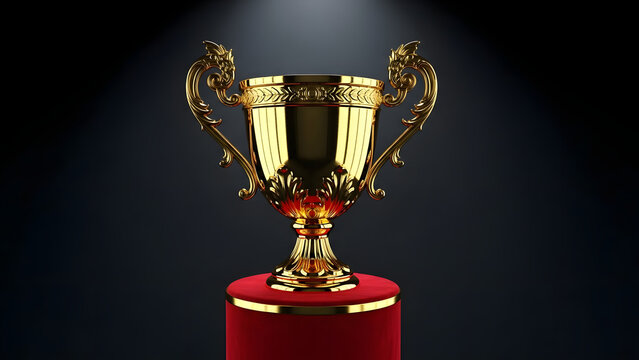 Luminous trophy crafted from gleaming gold, presented on a distinguished crimson pedestal highlighting victory