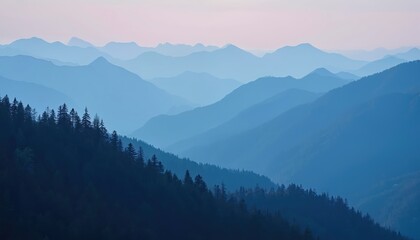 Fototapeta premium Deep blue mountain ranges fade into hazy distance at twilight. Pine trees crest dark foreground slopes. Serene atmosphere over layered peaks at dusk. Sky displays soft pastel colors.