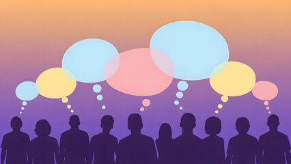 Collective intelligence visualization showcasing diverse opinions and shared ideas over a demographic group in