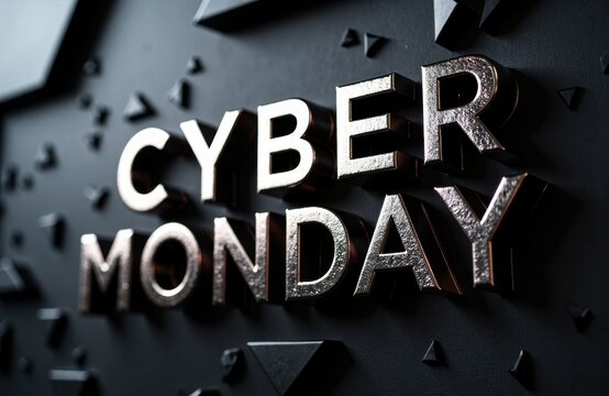 Cyber Monday signage with bold metallic letters on a dark textured backdrop