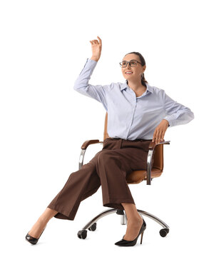 Businesswoman sitting on chair in pose of marionette on white background