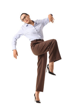 Businesswoman in pose of marionette on white background