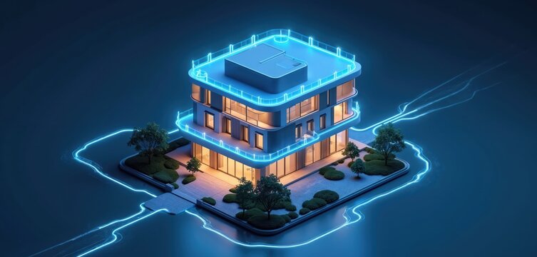 Isometric view presents smart home concept with blue glowing lines. Modern building automation, connectivity. Architecture design represents futuristic living. Property features seamless integration,