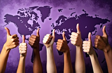 Group of people giving thumbs up in front of a world map backdrop for global teams