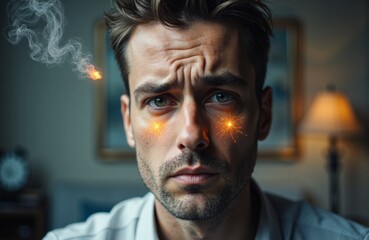 Obraz premium Man with intense gaze and burning eye sparks conveys intense stress and tension