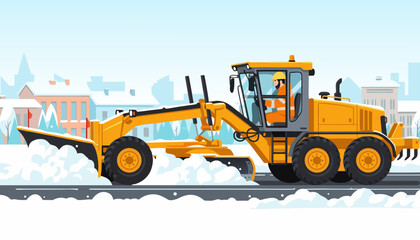 Grader machine removing compacted snow from roads in winter landscape, vector   