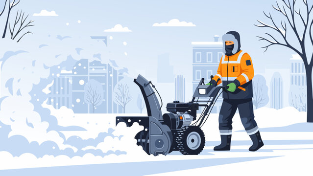 Worker using high volume blower to clear snow off urban path, vector   